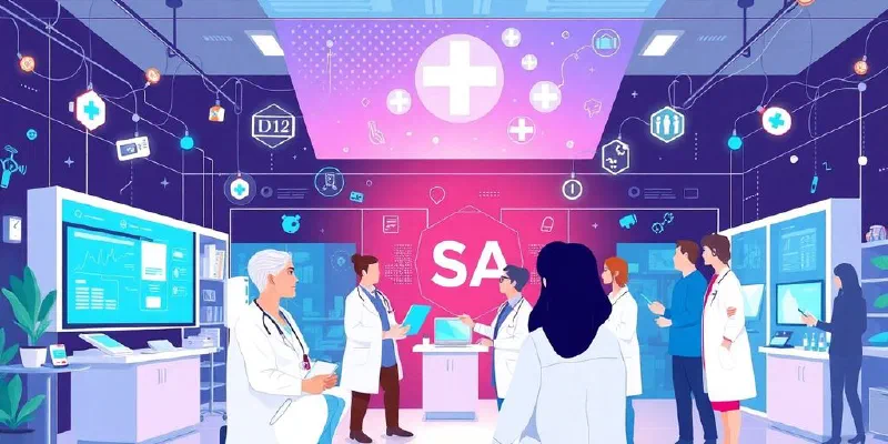 Illustration of health tech startups and innovative healthcare solutions.