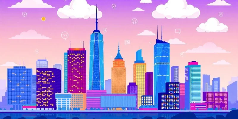 Illustration of city skyline with SaaS technology elements.