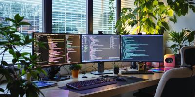 Modern development workspace with code on multiple screens.