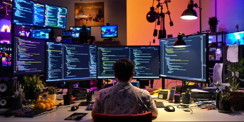 A developer immersed in coding at a modern workspace.