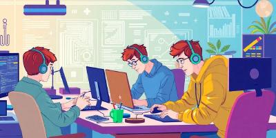 Developers collaborating in a modern workspace for productivity.