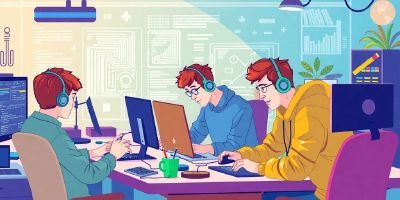 Developers collaborating in a modern workspace for productivity.