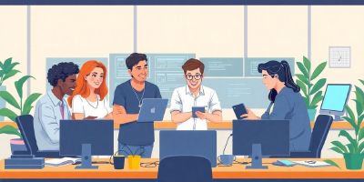 Diverse developers collaborating in a modern workspace.