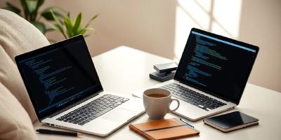 Modern workspace with laptop and coffee for developers.