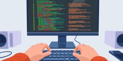 Sleek computer setup, vibrant code.