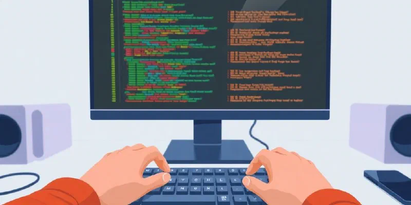 Sleek computer setup, vibrant code.