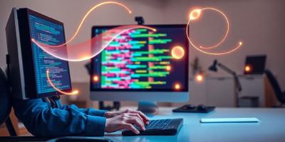 A person coding with design elements overlayed.