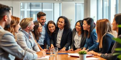 Diverse professionals discussing recruitment strategies in an office.