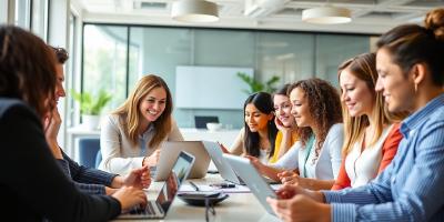 Diverse professionals collaborating in a modern office environment.