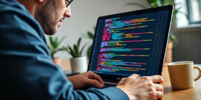 Rails engineer coding on a laptop with colorful code.