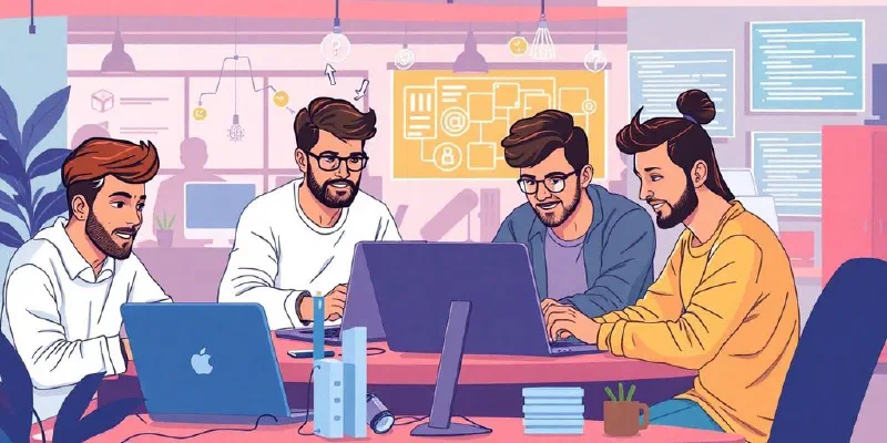 Illustration of diverse developers collaborating in a startup environment.