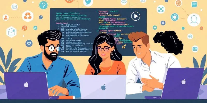 Diverse developers collaborating online with laptops and code.