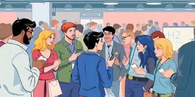 Diverse professionals networking at a tech event.