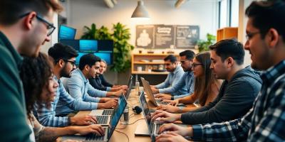 Diverse software developers collaborating in a modern workspace.