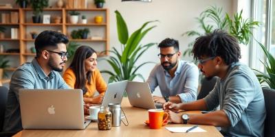 Diverse developers working together in a cozy workspace.