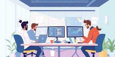 Diverse developers collaborating in a modern startup environment.