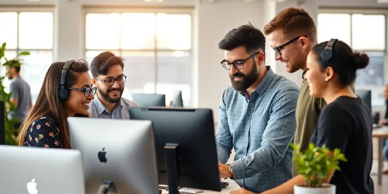 Diverse developers collaborating in a modern startup workspace.