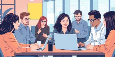 Diverse professionals in a modern interview setting.