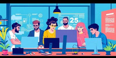 Diverse developers collaborating in a modern workspace.