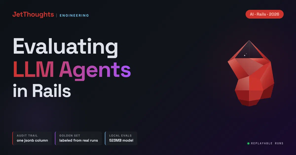 Dark blueprint-style cover reading Evaluating LLM Agents in Rails, with a low-poly ruby gem and three chips labelled audit trail, golden set, and local evals.