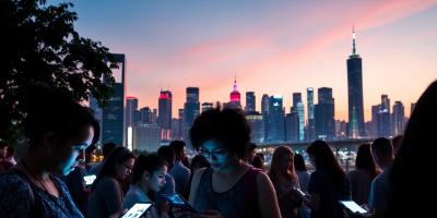 City skyline at dusk with people using devices.