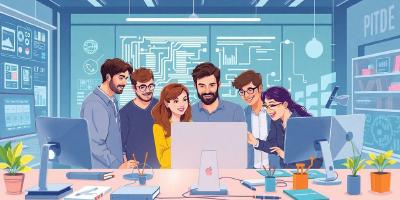 Diverse software developers collaborating in a modern workspace.