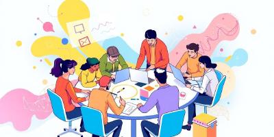 Diverse team collaborating on software innovation in a workspace.