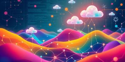 Colorful digital landscape illustrating DevOps and software development.