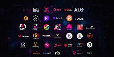 Colorful Ruby on Rails logos with a tech background.