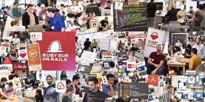A colorful collage of Ruby on Rails logos and developers.