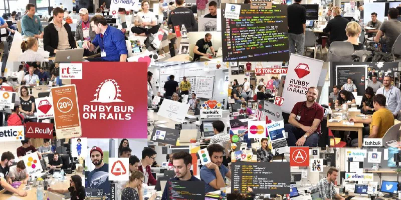 A colorful collage of Ruby on Rails logos and developers.