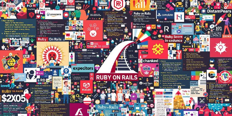 Collage of Ruby on Rails elements and developers.