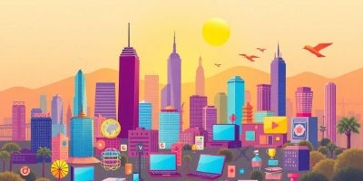 California tech landscape with landmarks and innovation elements.