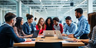 Diverse professionals collaborating in a modern office.