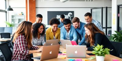 Diverse team working together in a bright office.