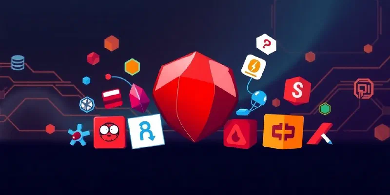 Colorful icons of Ruby frontend development tools and frameworks.