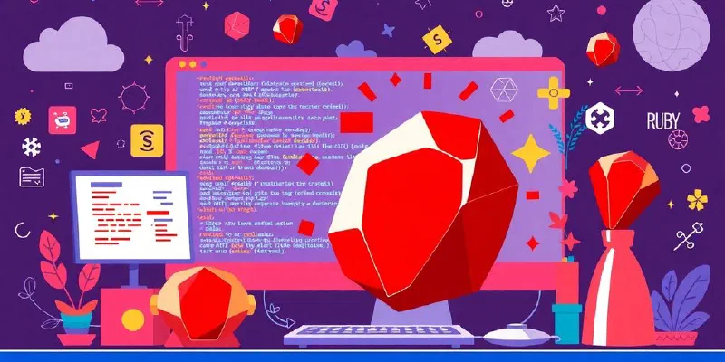 Vibrant web development scene with Ruby elements and tools.