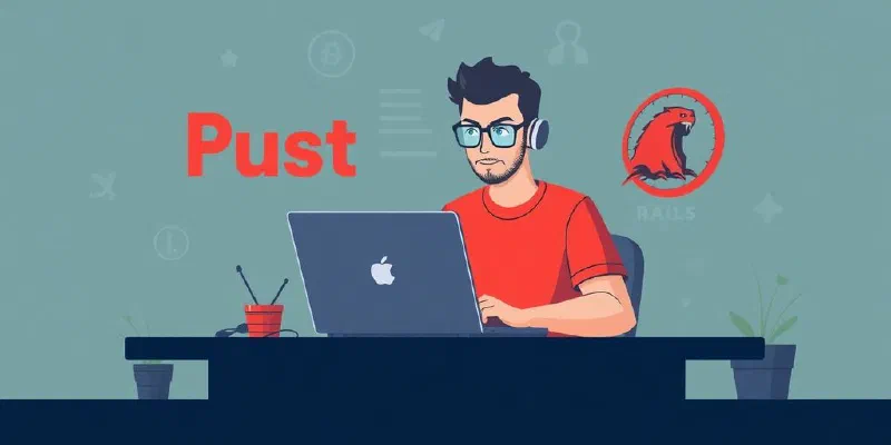 Solo developer coding with Rust and Rails logos present.
