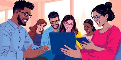 Diverse developers working on app, city skyline backdrop.