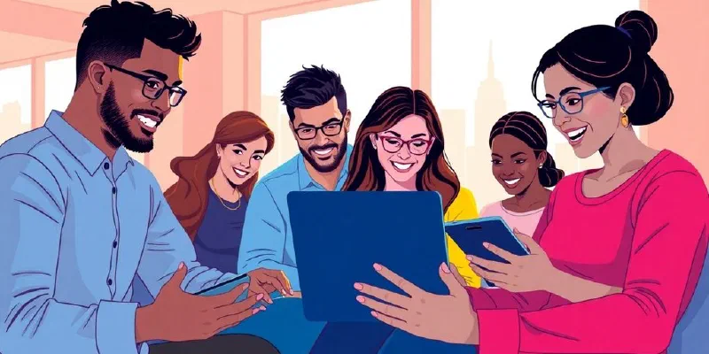 Diverse developers working on app, city skyline backdrop.