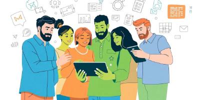 Group of developers collaborating on app design and coding.