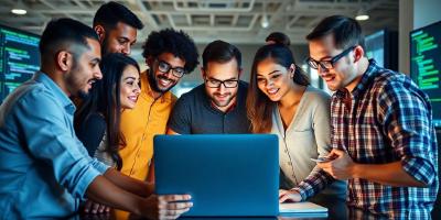 Diverse developers collaborating on software projects around a laptop.