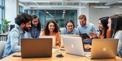 Diverse team collaborating in a modern office space.