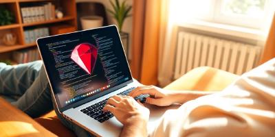 Laptop with glowing Ruby gem, coding dream.