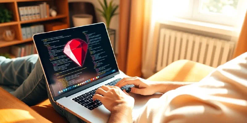 Laptop with glowing Ruby gem, coding dream.