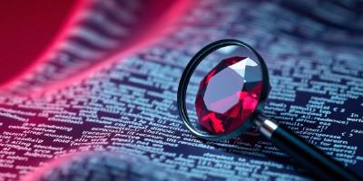 Shining ruby gemstone, code, magnifying glass.
