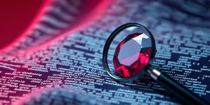 Shining ruby gemstone, code, magnifying glass.