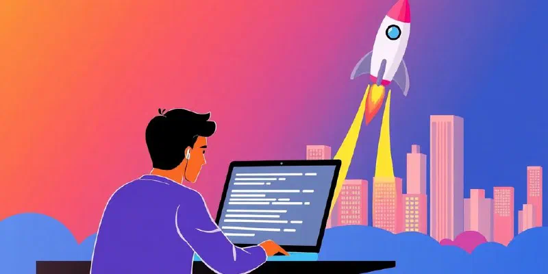 Laptop, code, rocket, cityscape, vibrant colors.