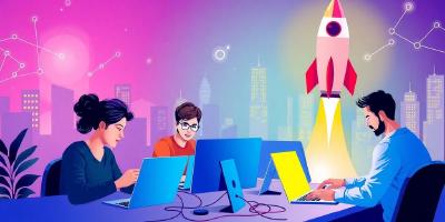 Laptop, code, rocket, and diverse developers.