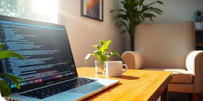 Laptop, code, plants, coffee, comfortable remote work setup.